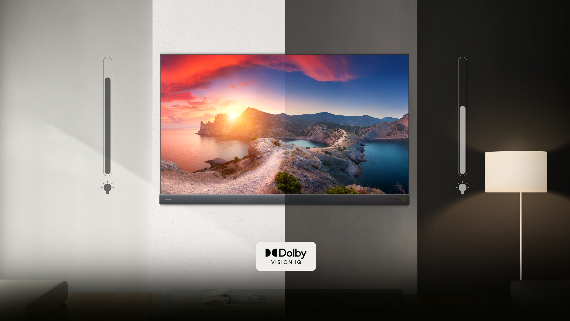 TV C450N com Dolby Vision montada na parede, exibindo uma bela imagem de um pôr do sol